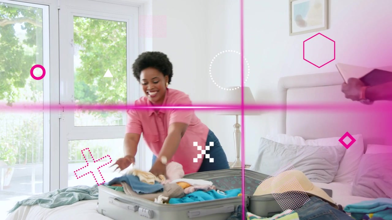 Child bringing teddy toward open case, woman folding clothes, man checking passport, prepping trip