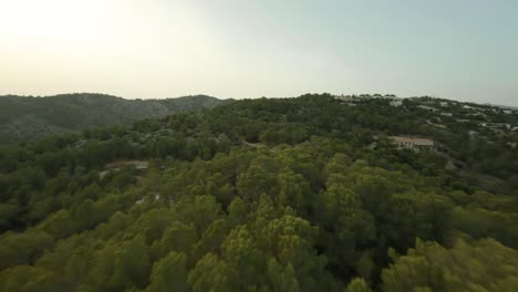 Luftdrohne,-Die-Sich-Vorwärts-Bewegt,-Schießt-Bergab-Die-Grüne-Bergkette-Am-Strand-Von-Cala-D&#39;Egos,-Mallorca,-Spanien