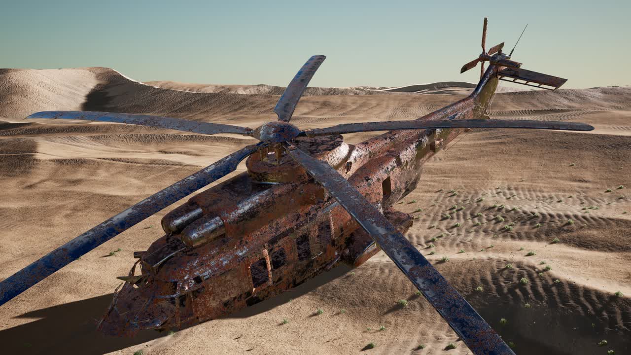 viejo helicóptero militar oxidado en el desierto al atardecer