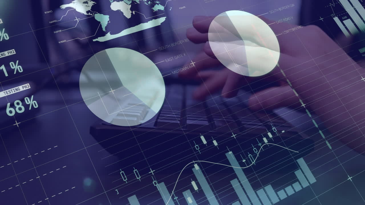 animación del procesamiento de datos financieros sobre el hombre caucásico usando el teclado de la computadora.