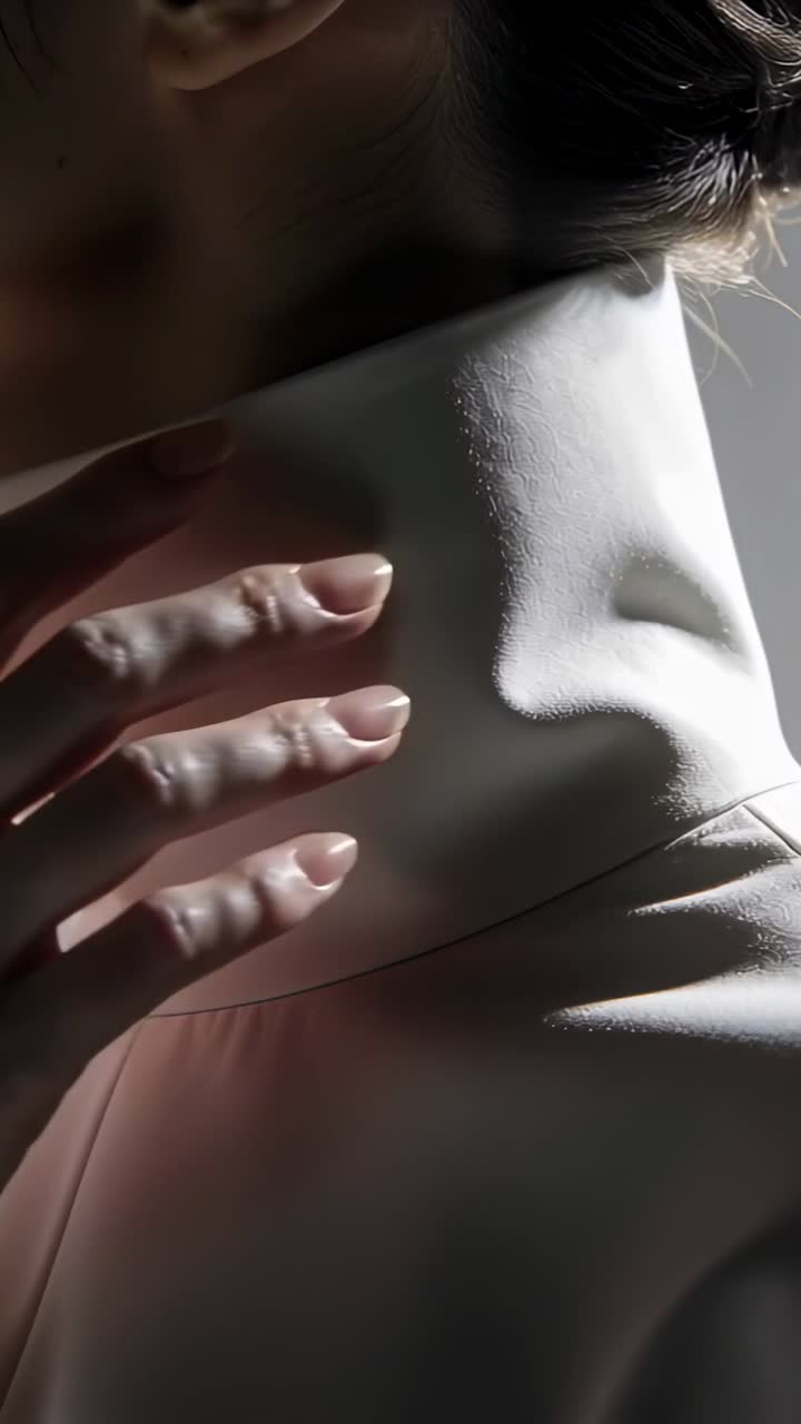 Close-up of Hand Gently Touching White High Collar