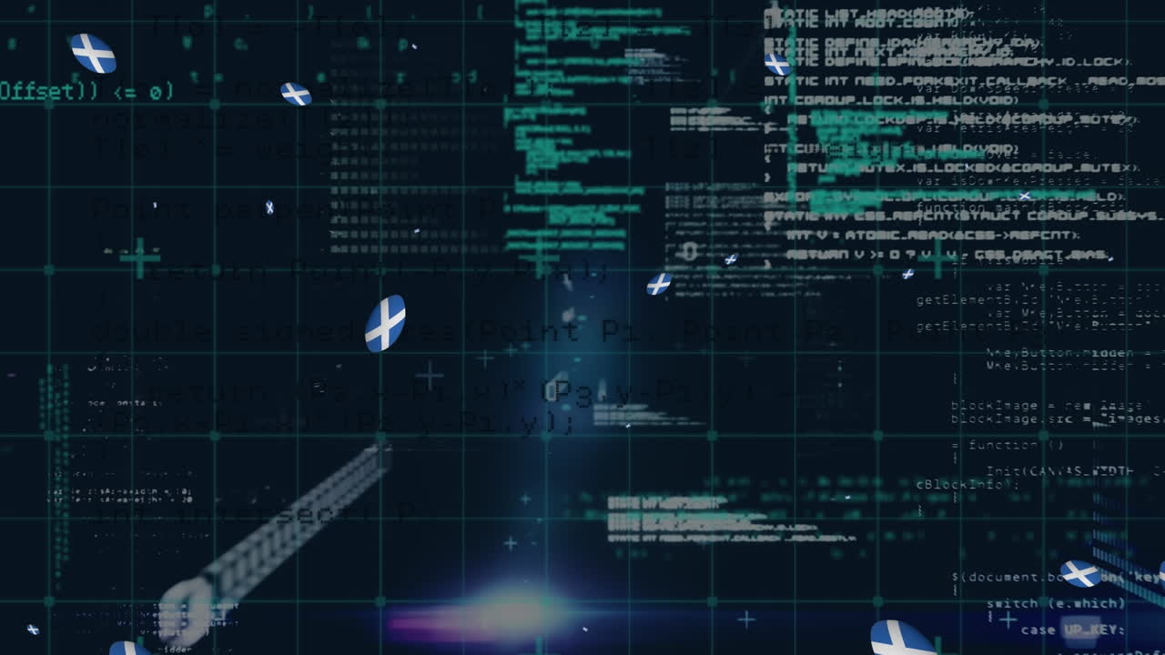 여러 스코틀랜드 발 디자인 럭비 공이 검은 바탕에 데이터 처리를 통해 떨어집니다.