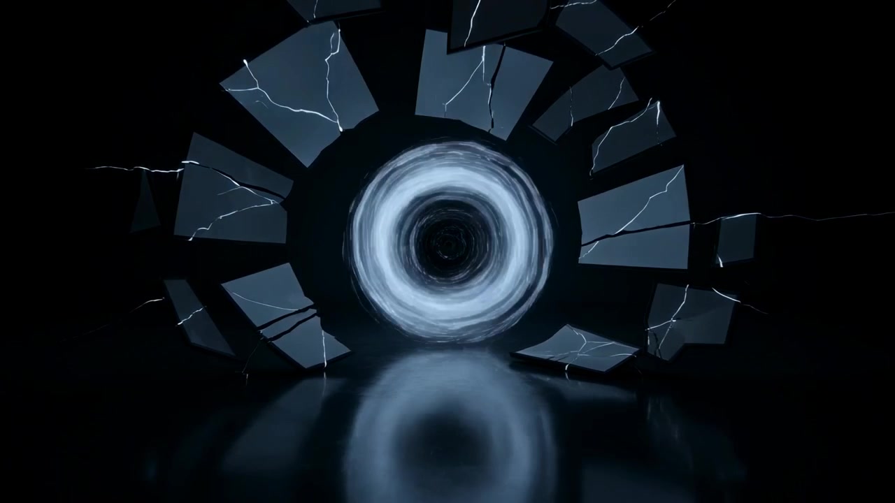 Pulsing vortex forcing fractured panels outward in dark chamber, luminous veins reflecting on floor