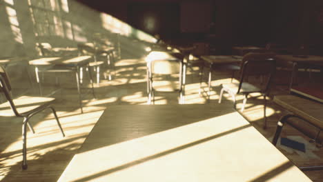 sunlight streaming into a quiet classroom filled with empty chairs