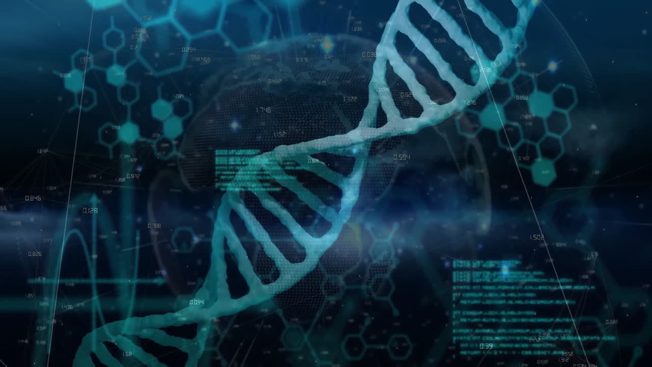 animación de cadena de adn y procesamiento de datos científicos sobre estructuras moleculares
