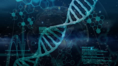 dna strand and scientific data processing animation over molecular structures
