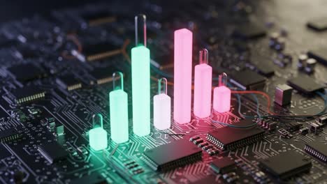 dynamic data visualization: analyzing electronic circuit performance through colorful bar graphs on a circuit board