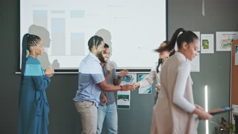 Presentation-success,-woman-speaker-and-handshake