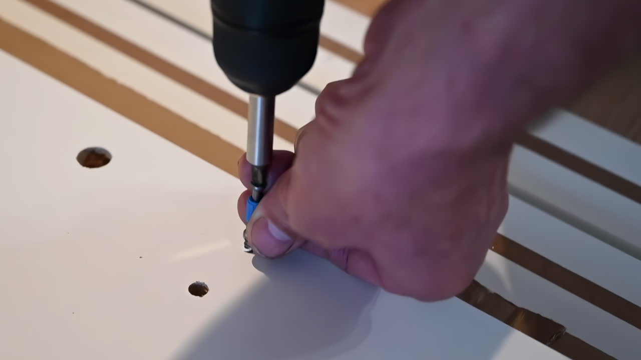 Close up of a man installing a a screw into a wooden table with a drill