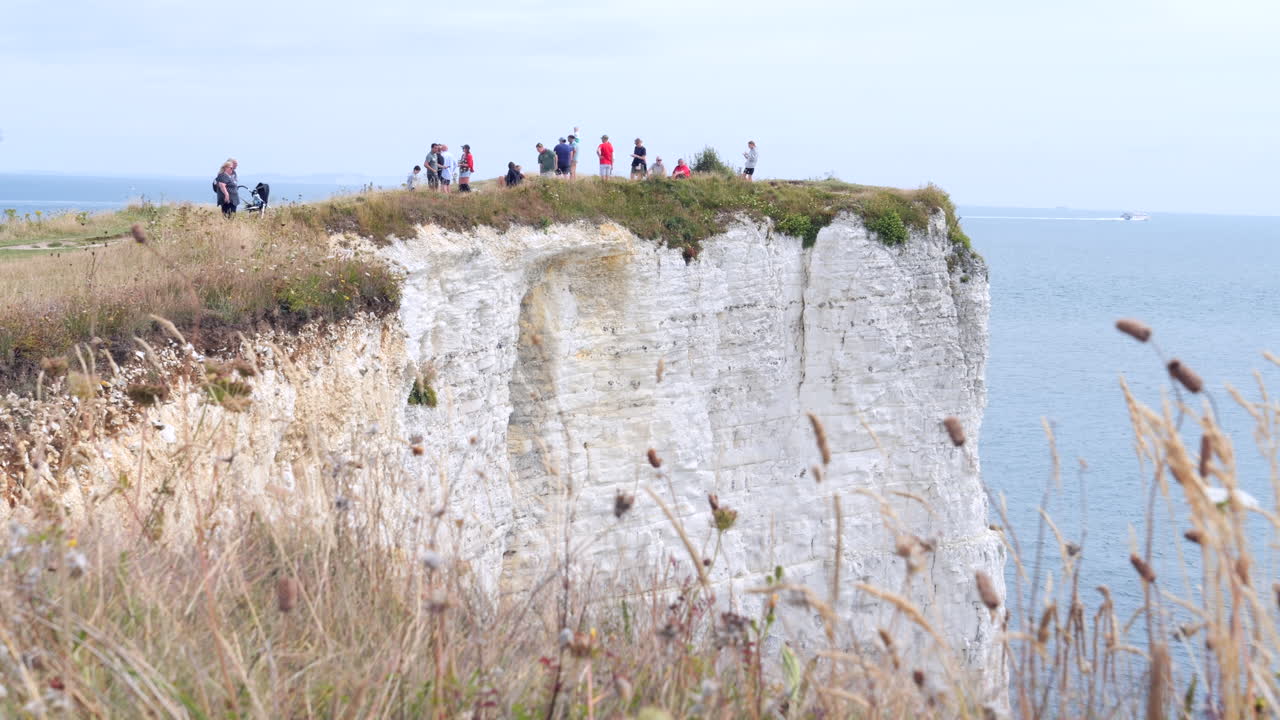 People on a White Cliff Enjoying the View at Old Harry Rocks SLOMO