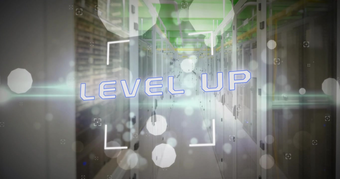 Animation of level up text and data processing over computer servers