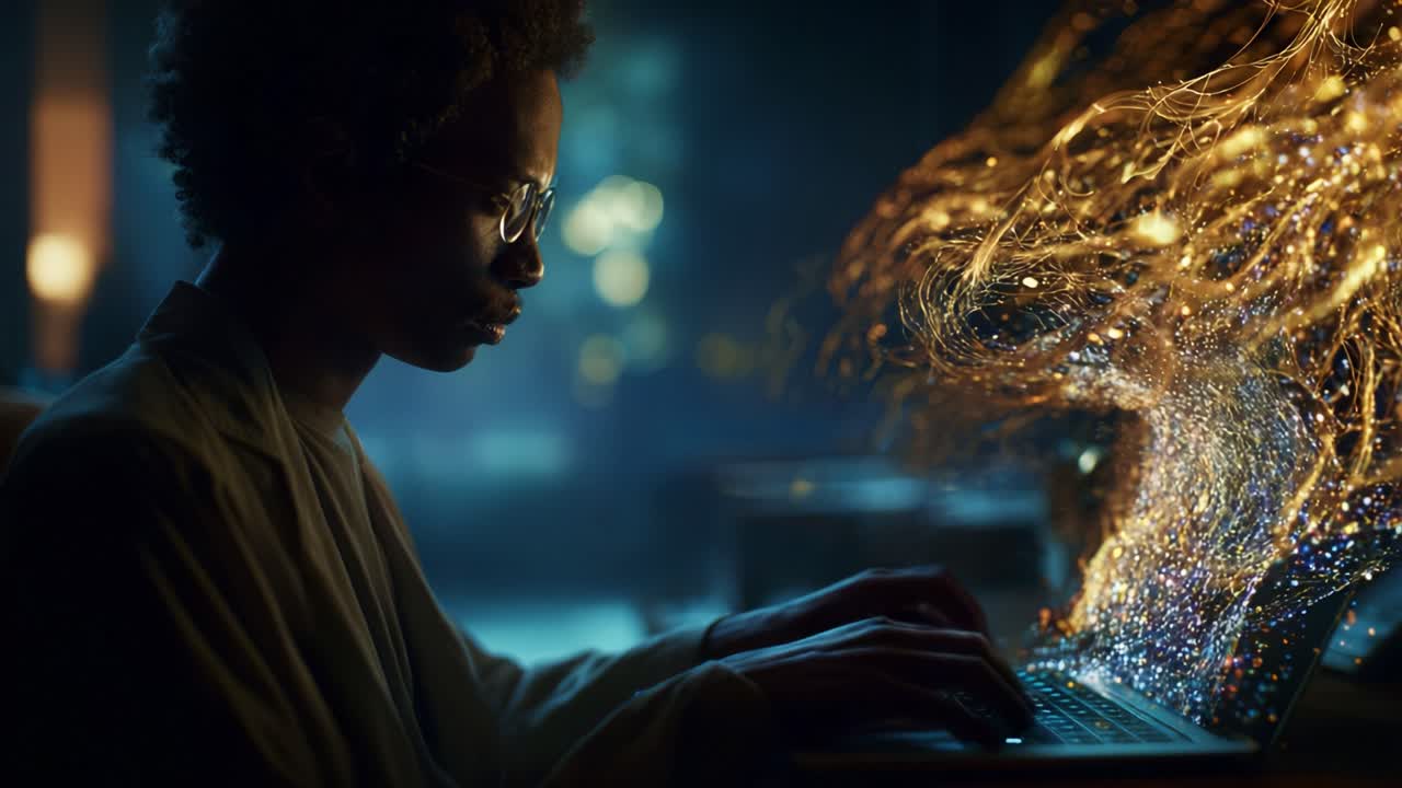 An imaginative scene depicting a focused individual engaged with a laptop, surrounded by flowing streams of vivid, shimmering light that represent creativity and digital exploration