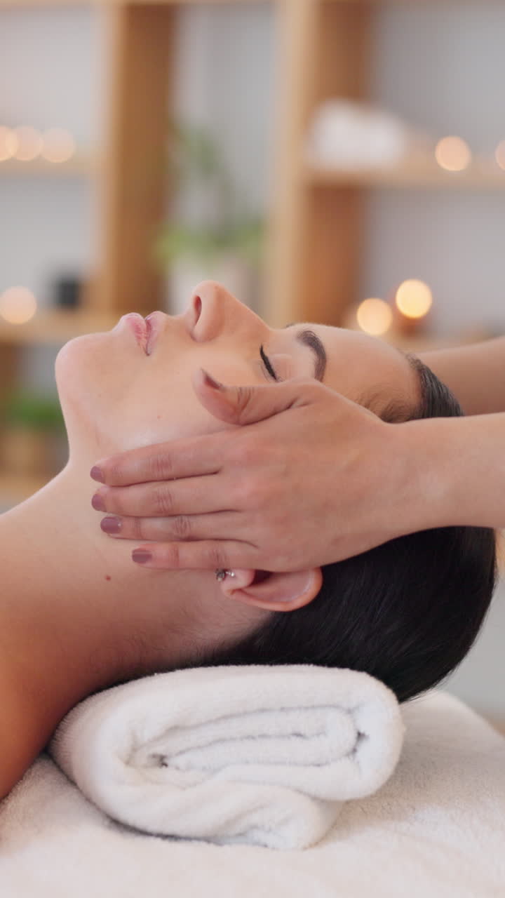 Nærbillede af kvinde, der modtager afslappende ansigtsmassage på et spa.