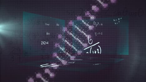 Animation-of-dna-helix,-lens-flare-and-mathematical-equations-against-abstract-background