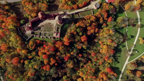 aerial drone bird's eye view over old turaida castle surrounded by colorful autumnal forest landscape during evening time