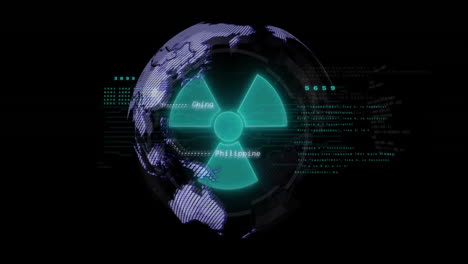 animation of nuclear symbol and globe over data processing