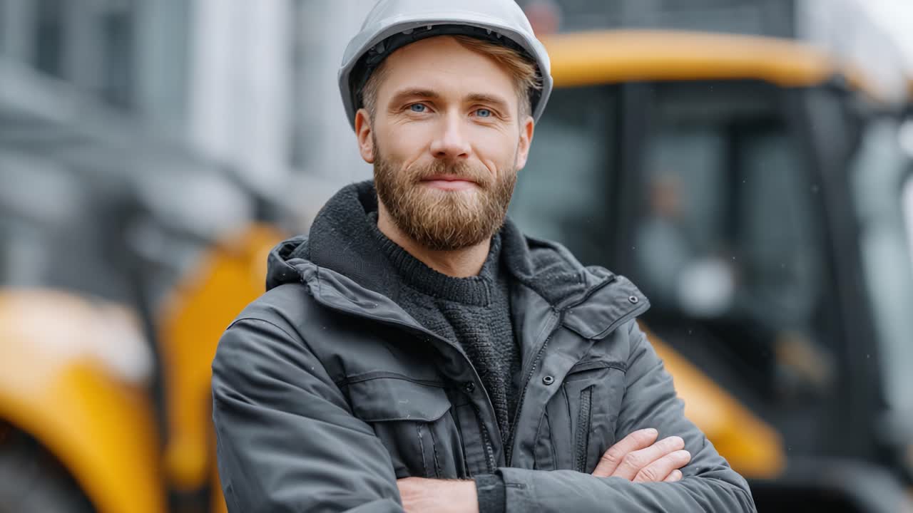 Confident Construction Worker Smiling in Safety Gear, Showcasing Professionalism and Team Spirit in a Busy Construction Environment