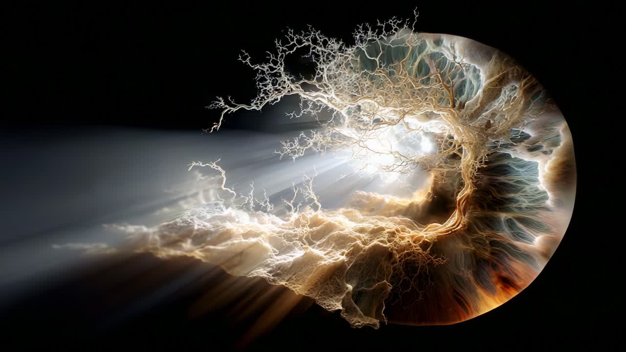 A Mystical Tree Emerges from a Cosmic Abyss, Radiating Energies and Light, Creating a Dreamlike Landscape Where Nature Meets the Elements in the Depths of Space
