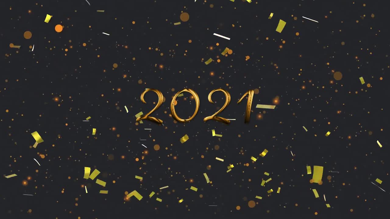 animación del texto dorado 2021, con confeti dorado y manchas de luz naranja, en negro