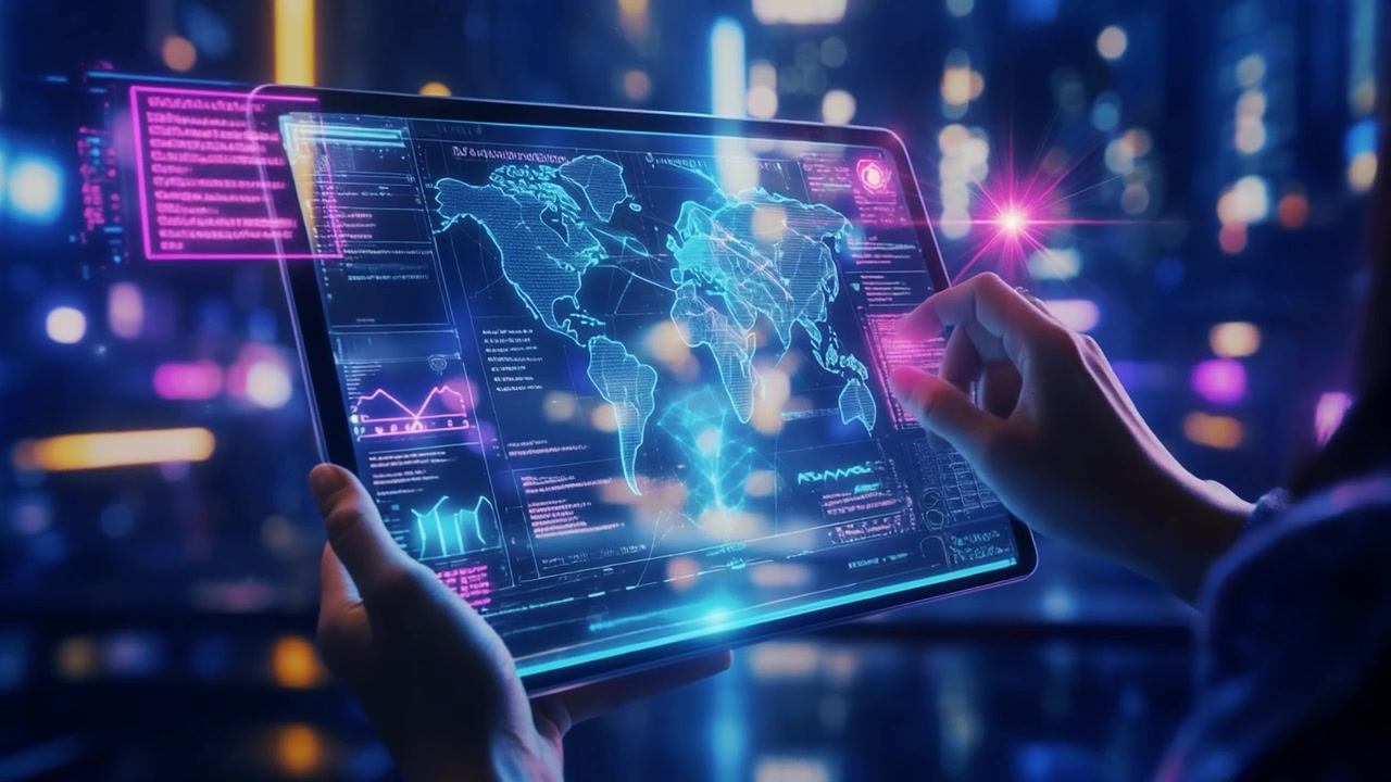 Person Interacting with Futuristic Digital World Map on Tablet