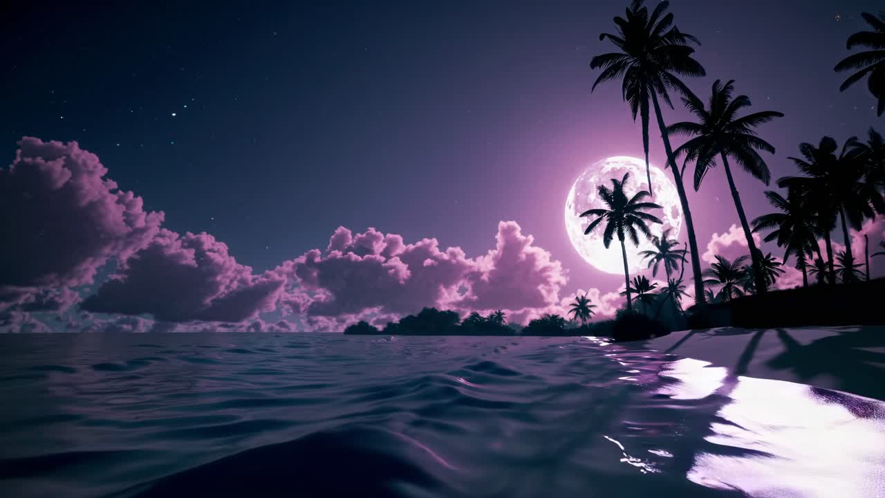 Una scena video onirica e surreale di una spiaggia tropicale illuminata dalla luna. Lo scatto dal basso cattura nuvole rosa e palme