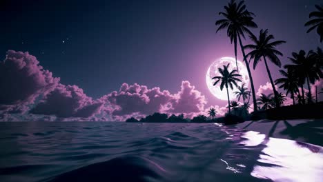 A dreamy, surreal video scene of a moonlit tropical beach. Low-angle shot captures pink clouds, palm