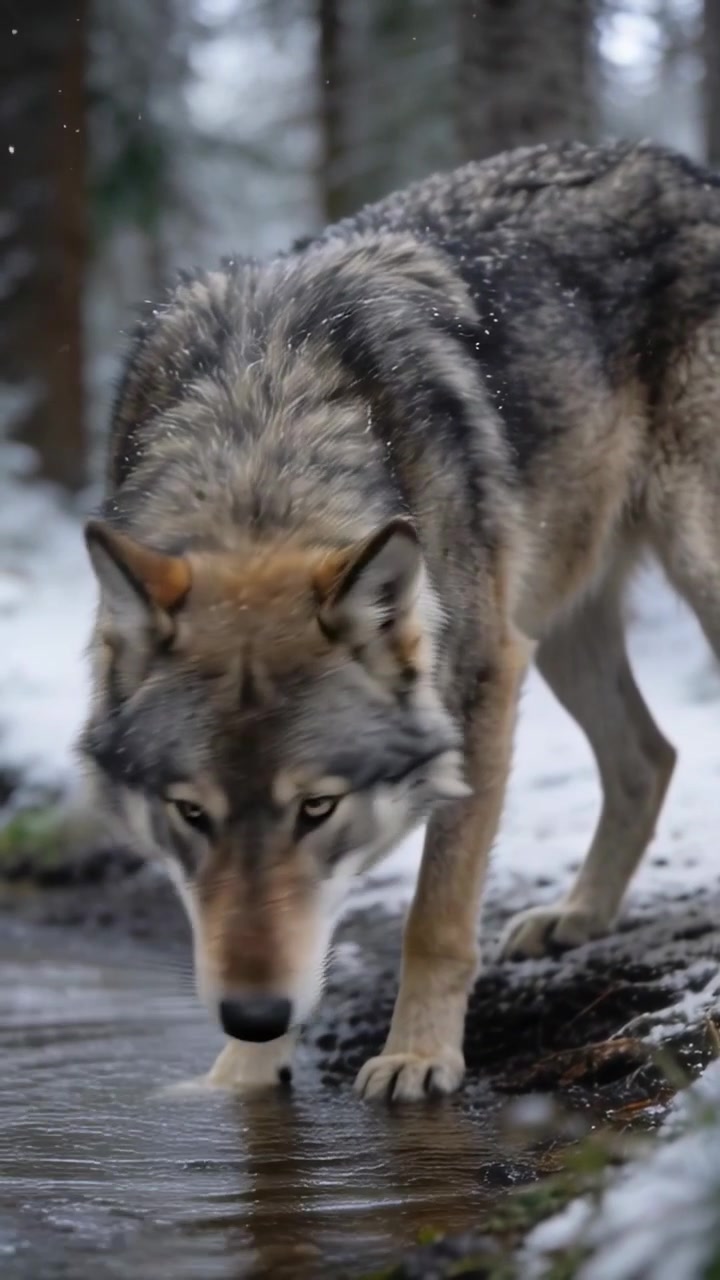 Vertical video: Lowering gray wolf responding to snowfall, drinking at stream in pine woods
