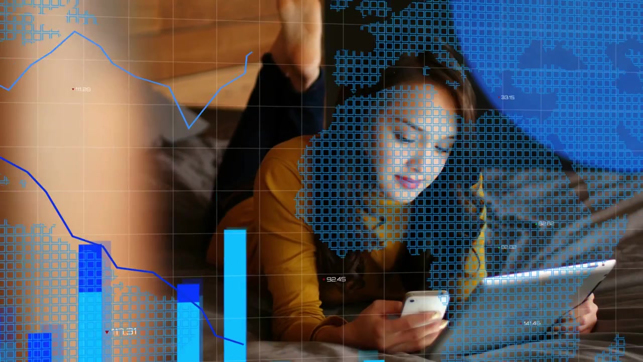 Woman on bed tapping phone and using tablet, tracking finance creating bars grid map line overlays