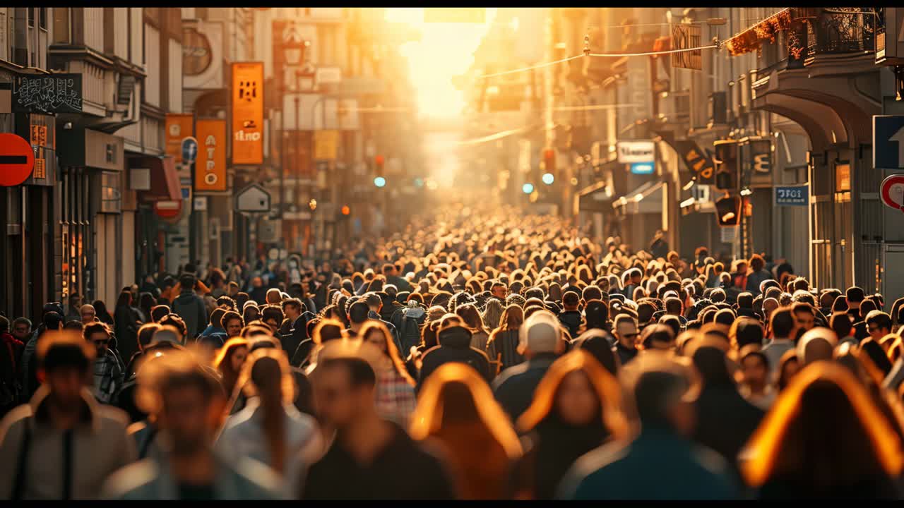 A busy city street with a large crowd of people walking down it