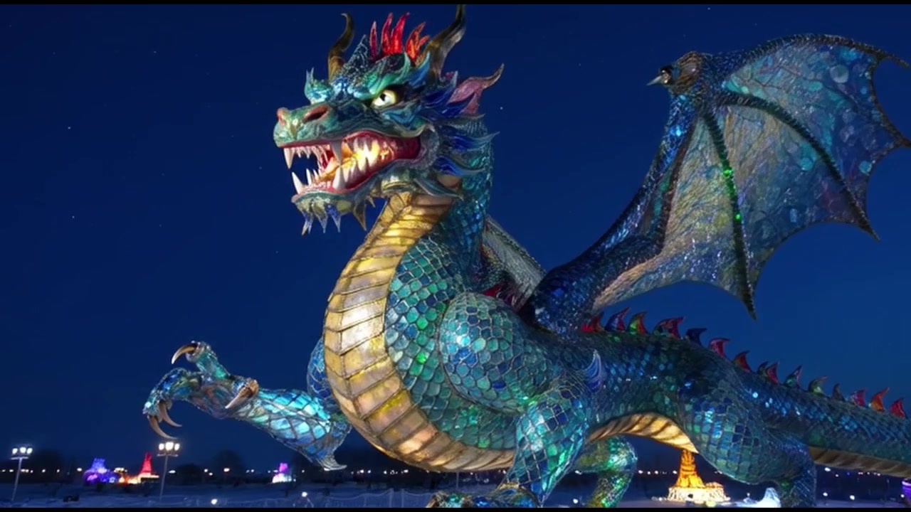 Grande scultura di drago illuminata a un festival notturno