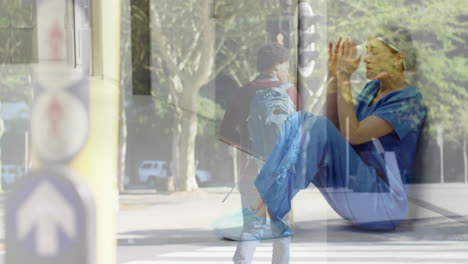 healthcare worker in scrubs sitting with urban street scene animation overlay