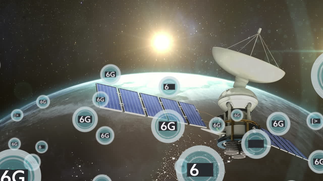 위성 및 지구 위의 6g 텍스트 네트워크의 애니메이션