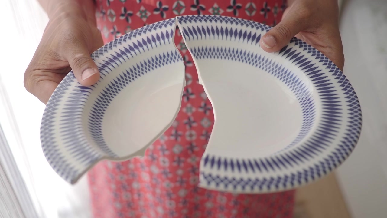 Person Holding a Broken Ceramic Plate in Hands