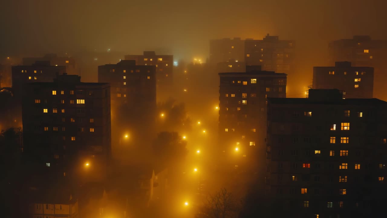 Cityscape at Night in Fog