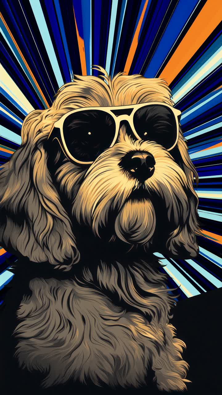 Stiliseret illustration af en hund med solbriller, set nedefra, mod en orange solstråleeffekt.