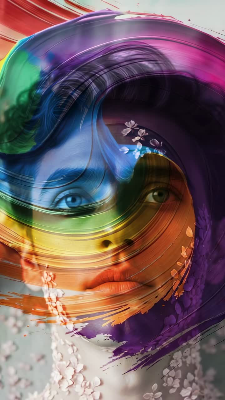 Vertical video: Swirling paint strokes revealing, hiding woman's face in studio, with floral petals
