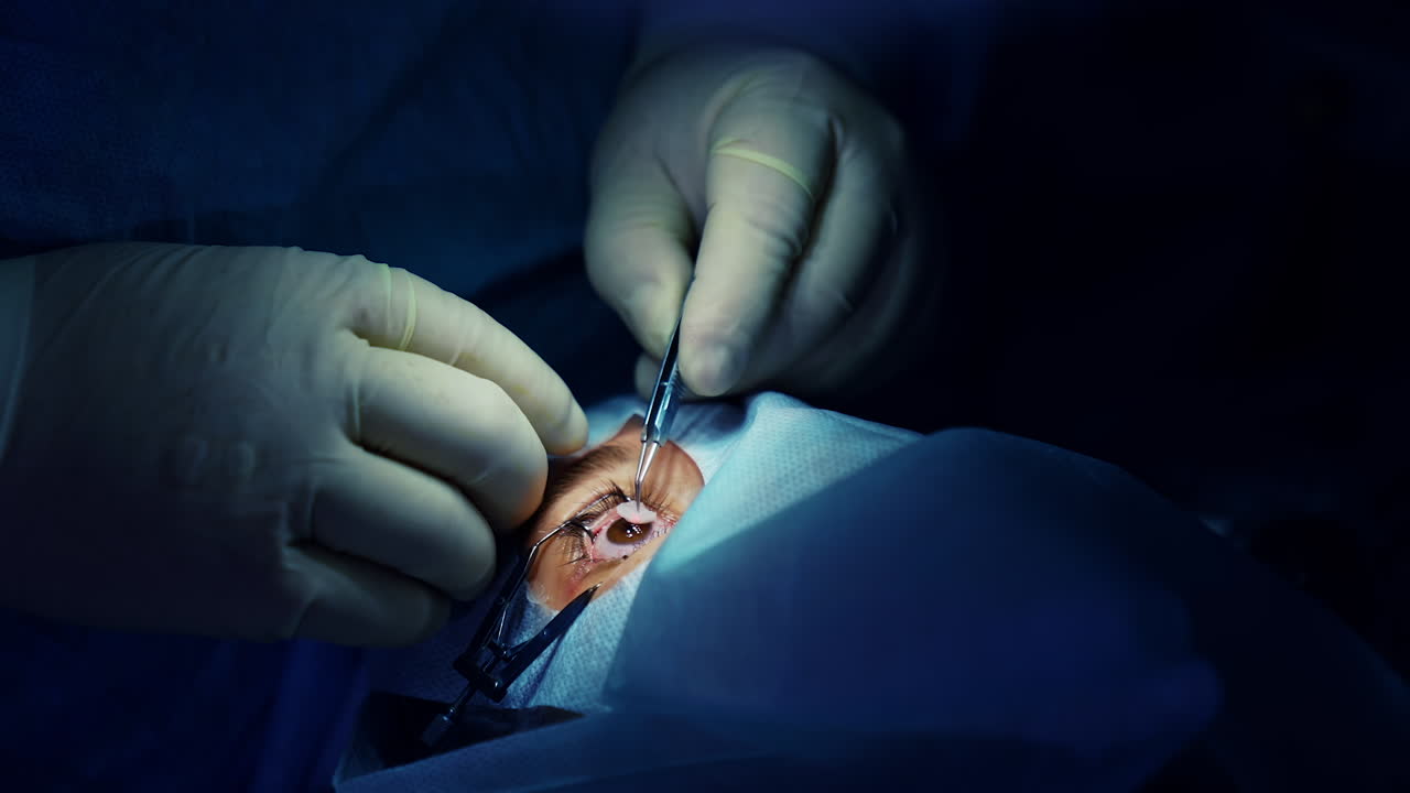 Ophthalmic surgery. Hands of an eye specialist with surgical instrument wiping patient's eye during operation. Process of eye treatment in operating room. Close-up.