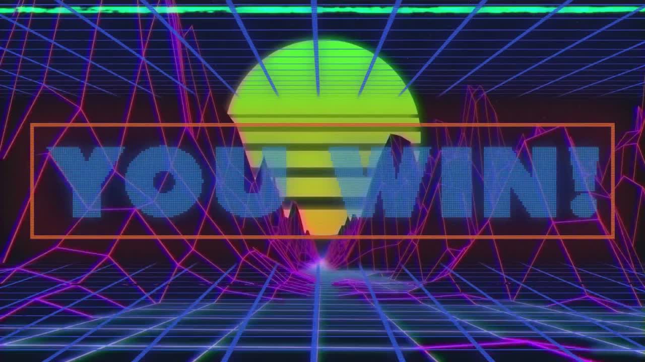 animación del texto azul que ganas, sobre la cuadrícula del valle púrpura y el sol verde