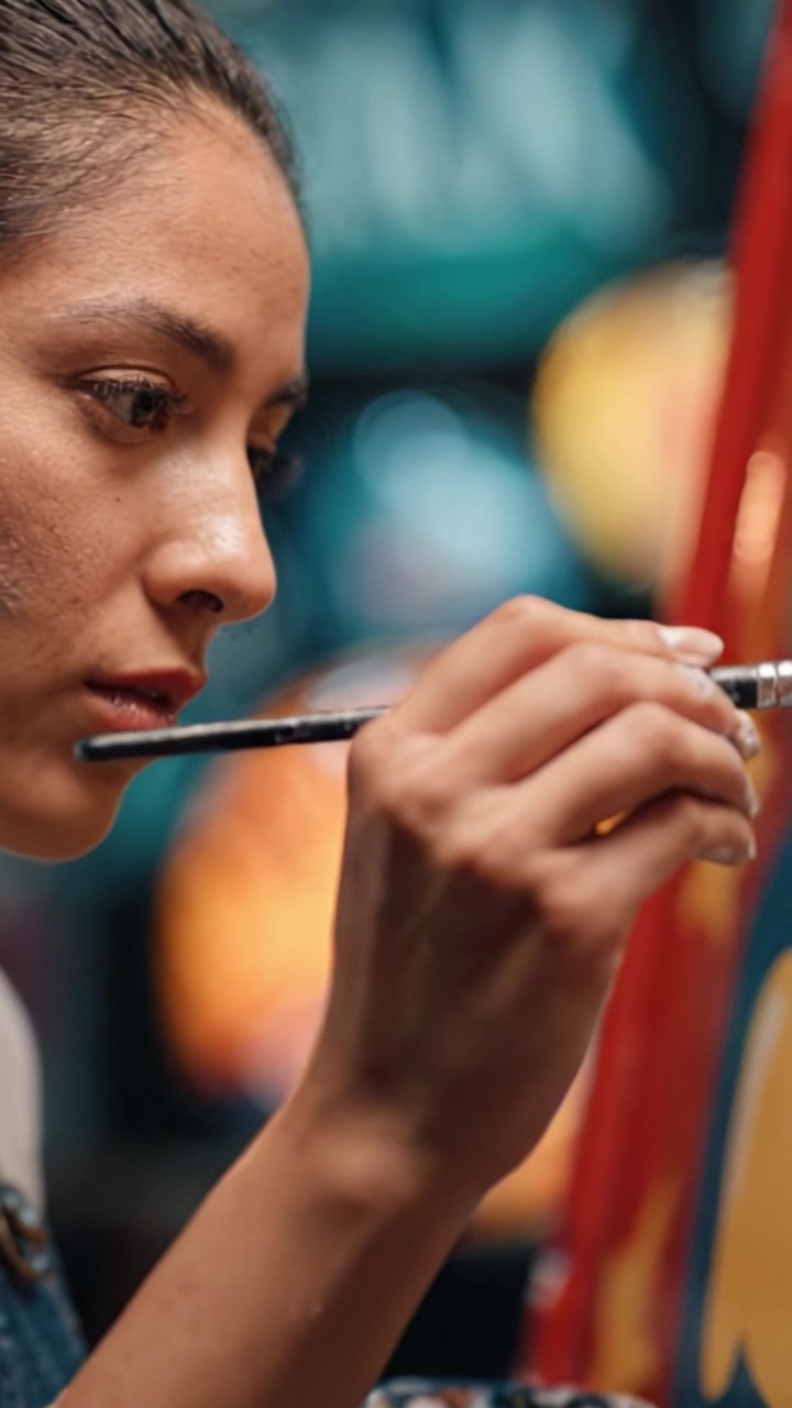 A Young Artist Concentrating on Her Creative Process as She Paints Vivid Colors on Canvas, Showcasing the Beauty and Passion of Artistic Expression.