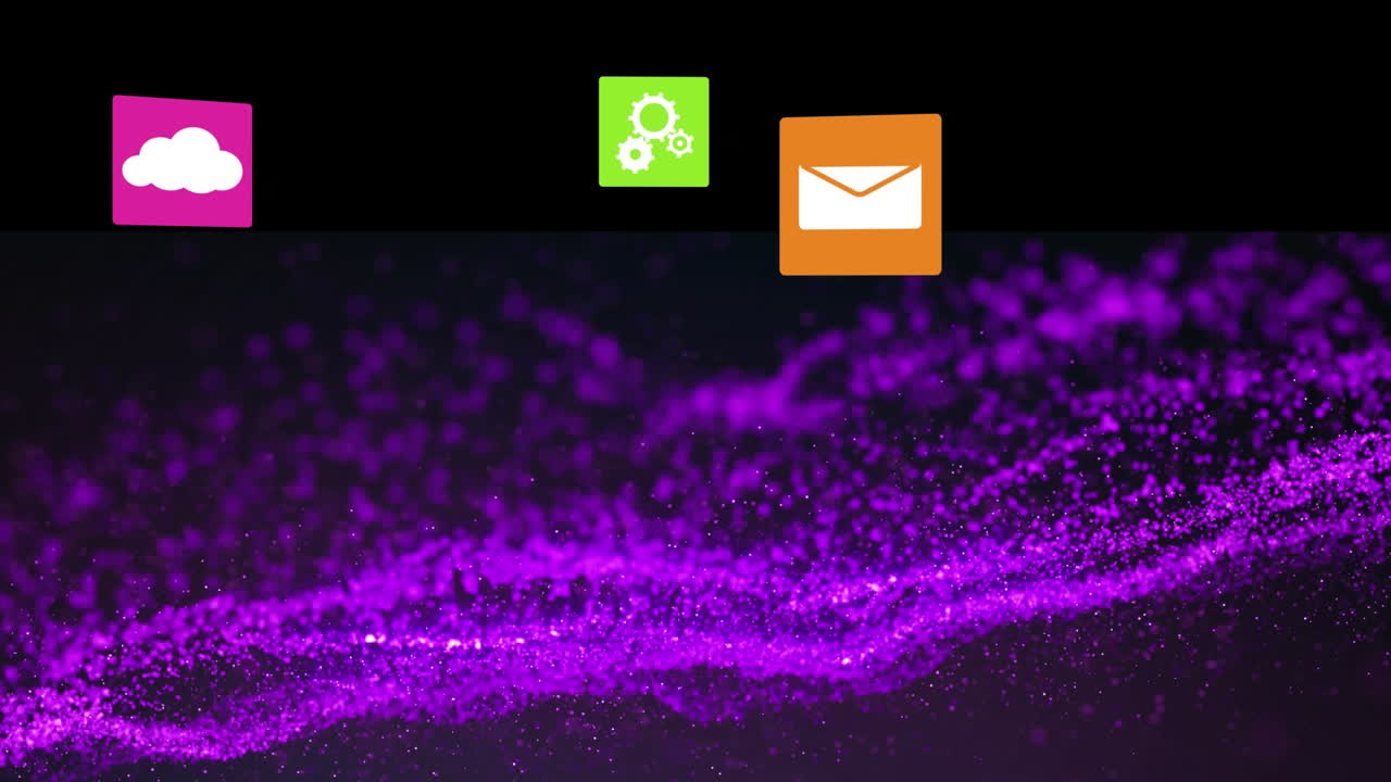 Animation of multiple icon in colorful squares and dots forming abstract pattern on black background
