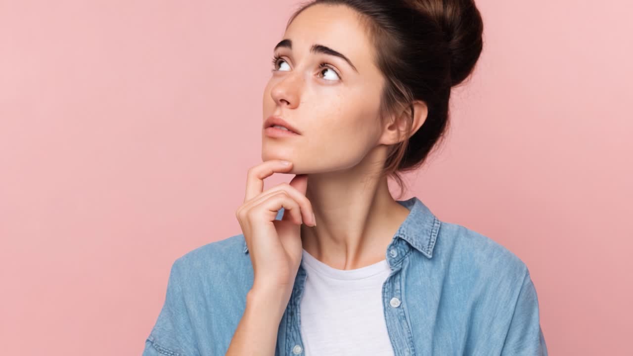 Una giovane donna pensierosa che riflette su idee su uno sfondo rosa tenue, irradiando curiosità e contemplazione in un abbigliamento casual moderno