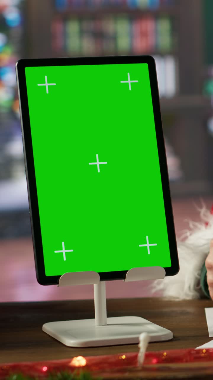 Tablet con pantalla verde exhibida en un soporte con Papá Noel escribiendo.
