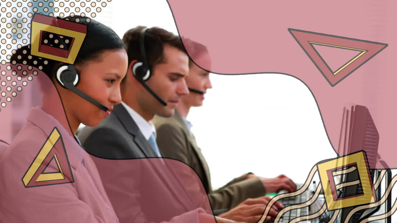 전화 헤드 ⁇ 을 사용하는 비즈니스 사람들 위에 움직이는 레트로 모양의 애니메이션