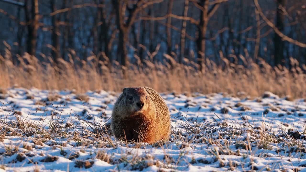 A groundhog in a snowy field captured at eye level, with warm sunlight highlighting its fur