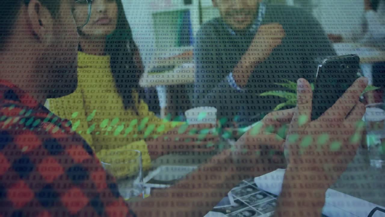 Animation of data processing over diverse business people in office