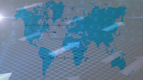 binary coding data processing and grid network over world map against white background