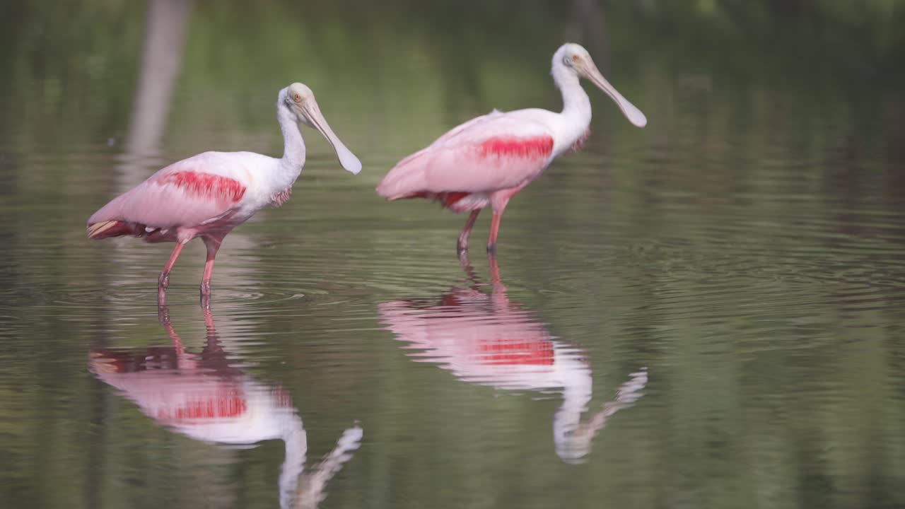 Florida Roseate Spoonbills wading in shallow water with reflection