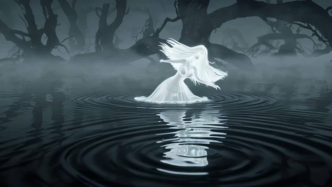 Ghostly Woman in a Foggy Forest