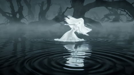 ghostly woman in a foggy forest