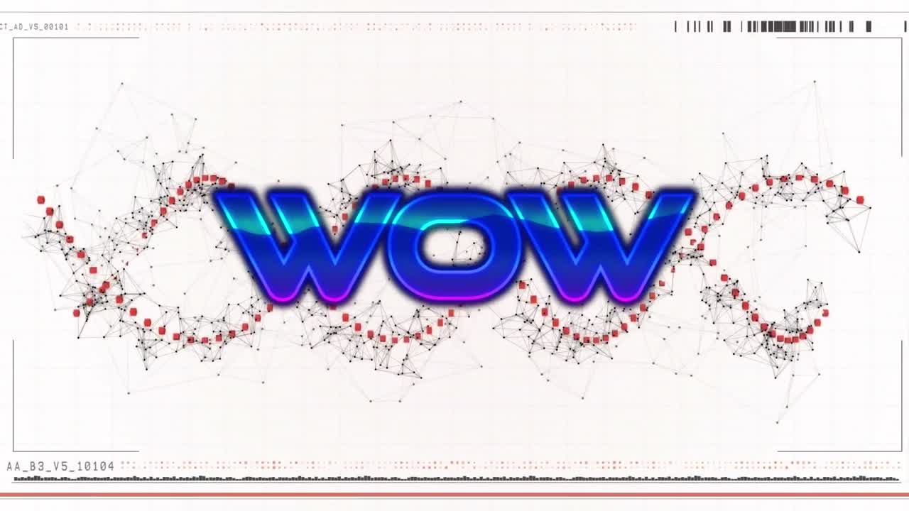 빨간색으로 회전하는 dna 가닥 위에 와우 텍스트의 애니메이션